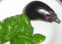 収穫したナスとバジル