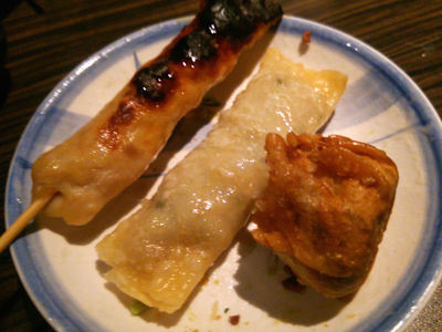 つくね串、春巻き、揚げシュウマイ