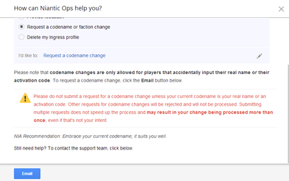 To request a codename change, click the Email button below