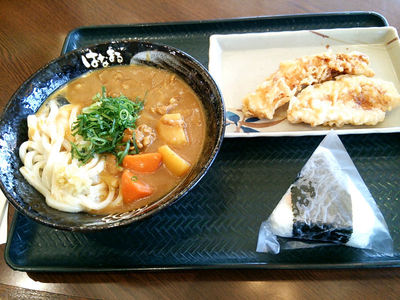 カレーかまたまと、イカ天、とり天、鮭おにぎり