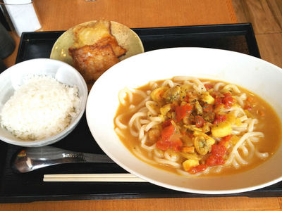 シーフードカレーうどんと豚唐揚げ
