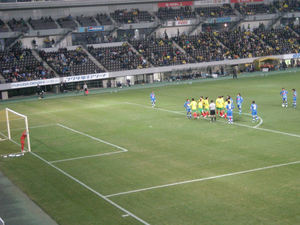 試合終了直前の山形のFK